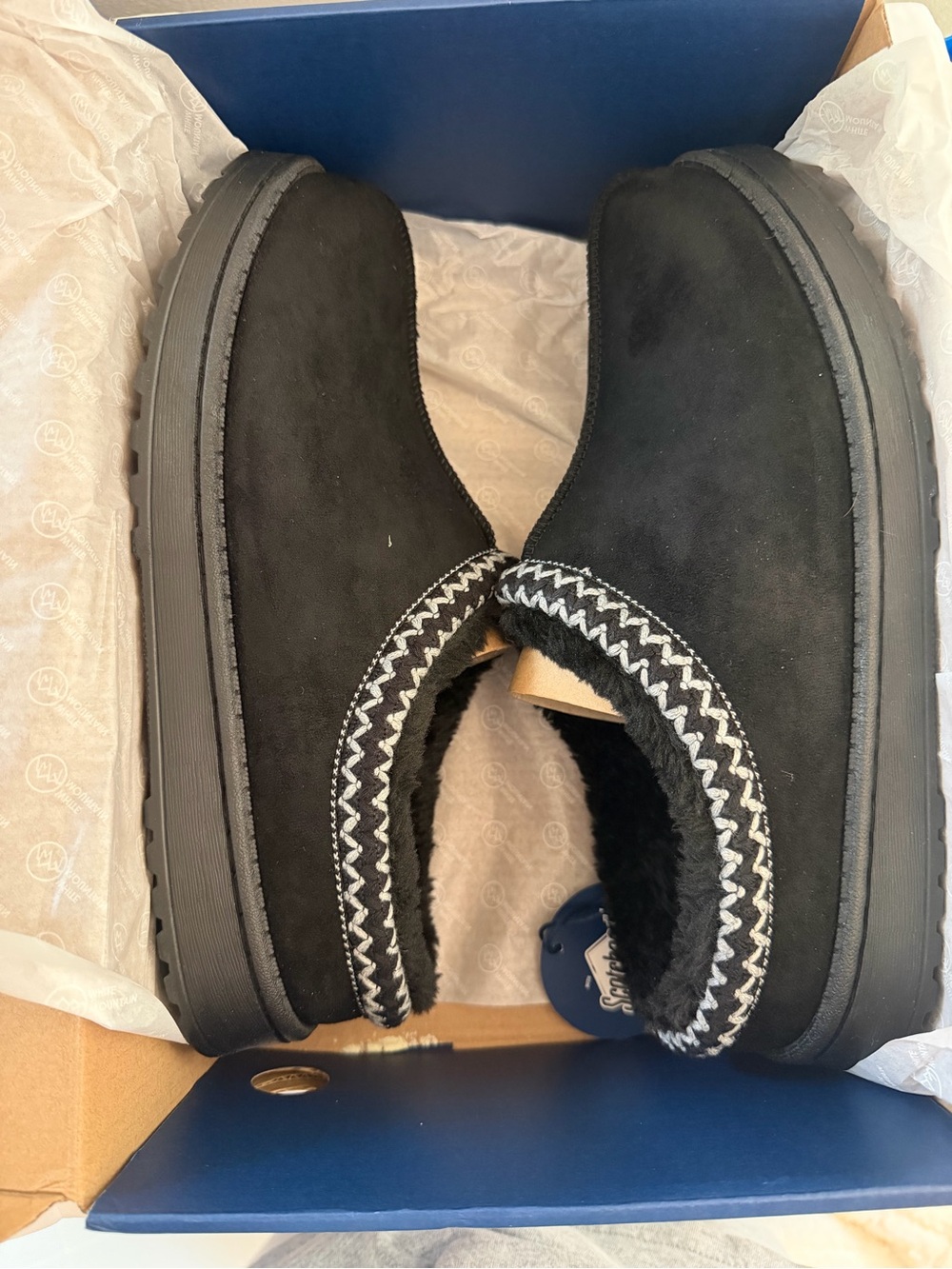 White Mountain Black Suede Slip-On Slippers with Zigzag Trim